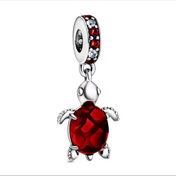 NWOT S925 Red Murano Glass Sea Turtle Dangle Charm - Picture 1 of 9